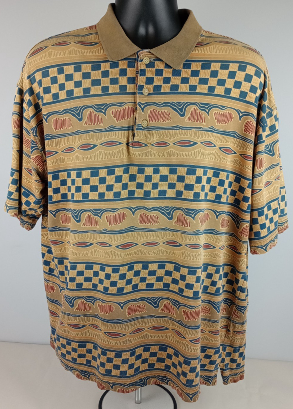 VTG Natural Issue by Feldini Mens Lg MultiShape Tan Navy Short Sleeve Polo Shirt